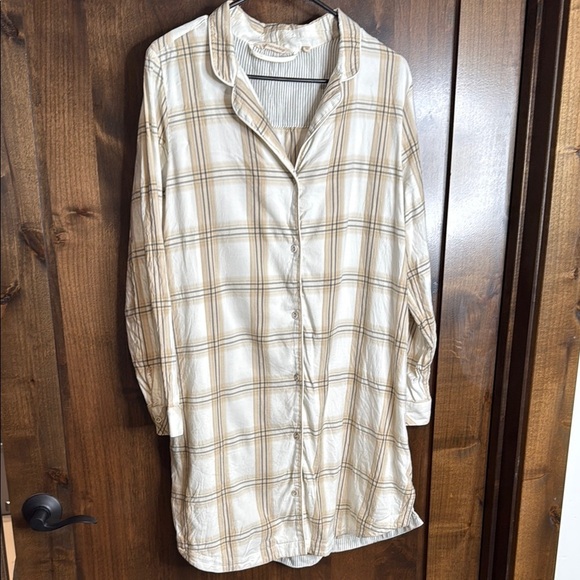 Cream and Tan button down Plaid nighty Shirt Dress  soft surroundings Women’s XL - Picture 2 of 6